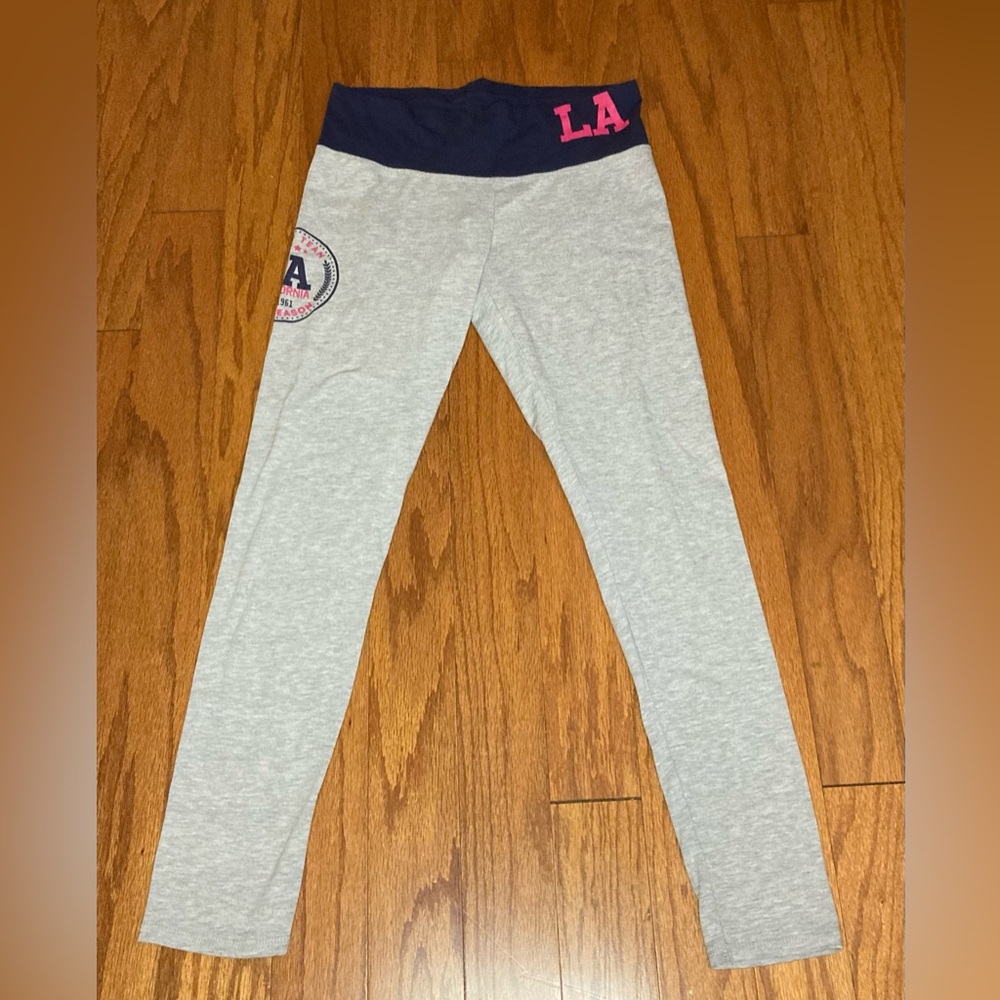 Terranova Womens XL Grey Collegiate LA Graphic Leggings Navy Fold Over Waistband